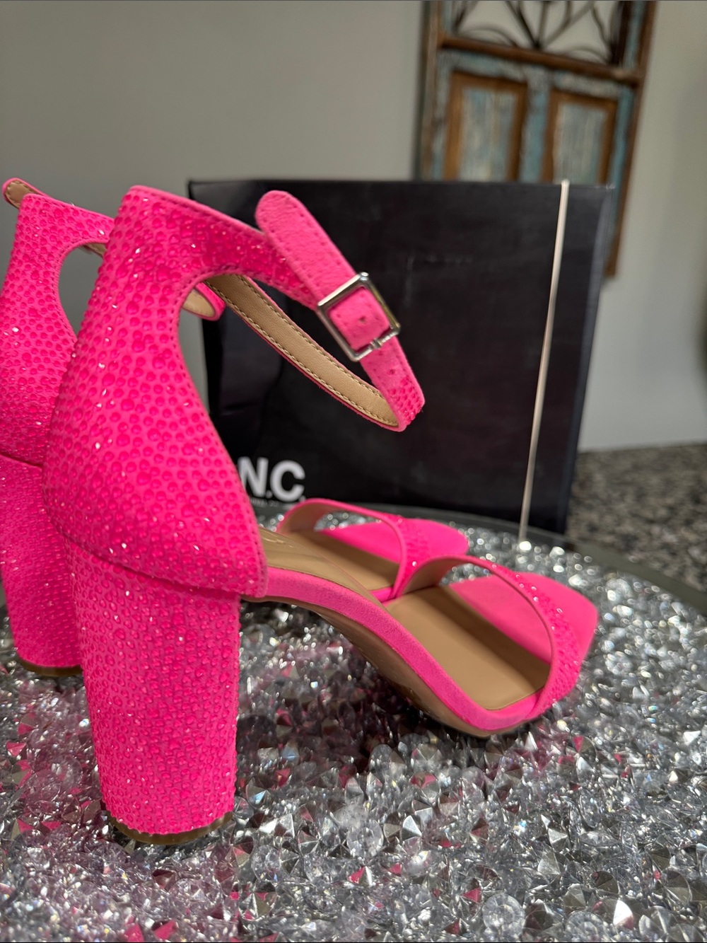INC International Concepts Neon Pink Block Heel Ankle Strap Sandals - Picture 8 of 14